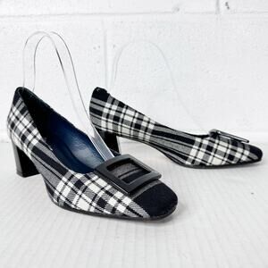 Michele Lopriore Heels Size 36 Tartan‎ Plaid Tweed Square Toe Women's